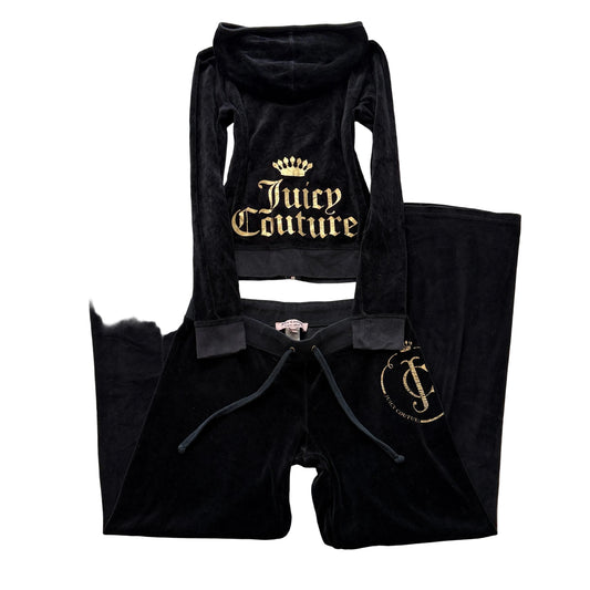 Juicy Couture Women's Black Velour Tracksuit Set Zip-Up Hoodie & Flared Pant - M
