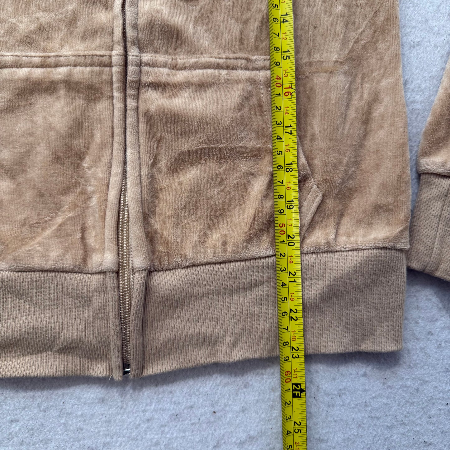 Vintage Juicy Couture Women Tan Velour Full Zip Hoodie Drawstring Pockets Size S