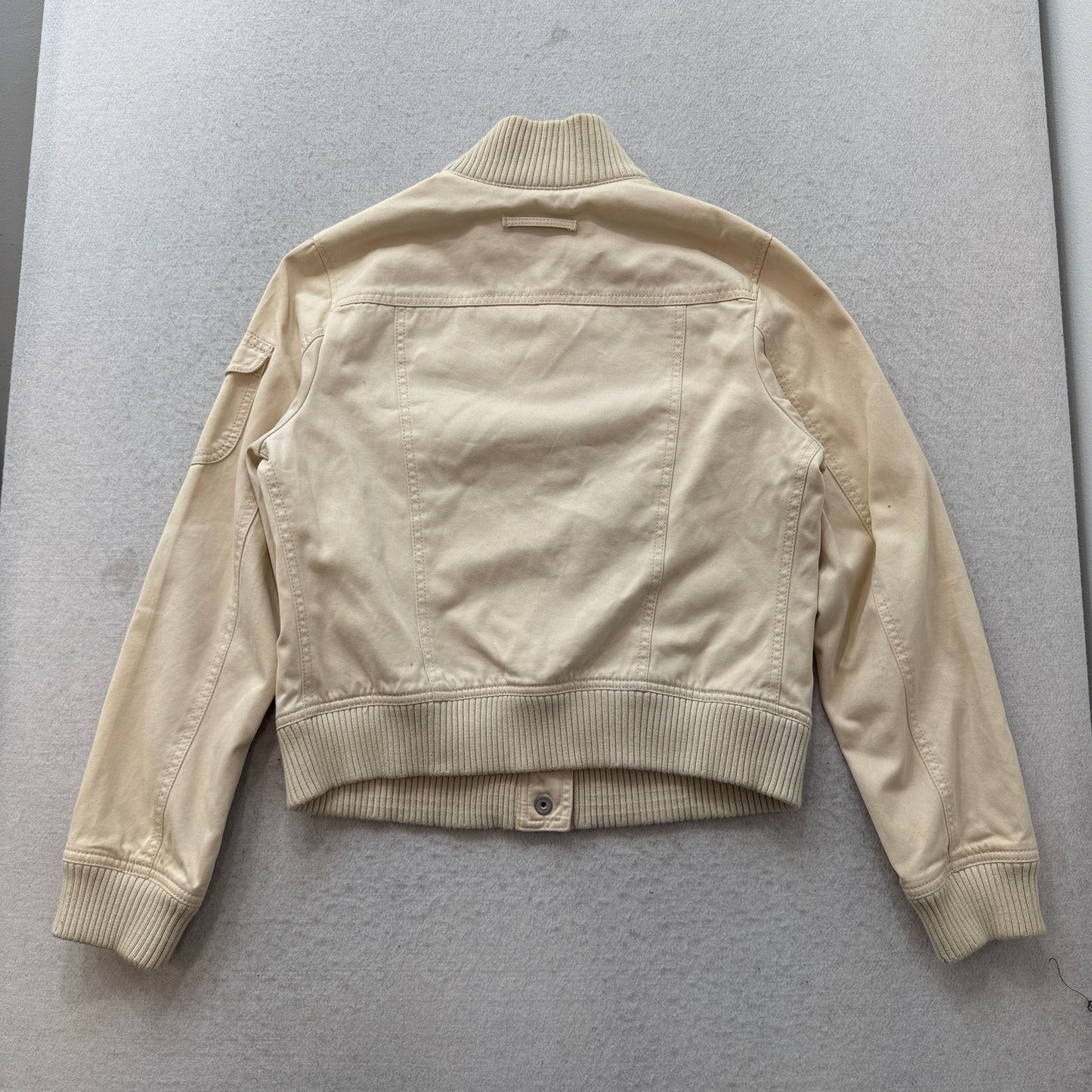 Gap Mens Beige Bomber Jacket Snap-Button Ribbed Cuff Collar Cargo Pockets Size M