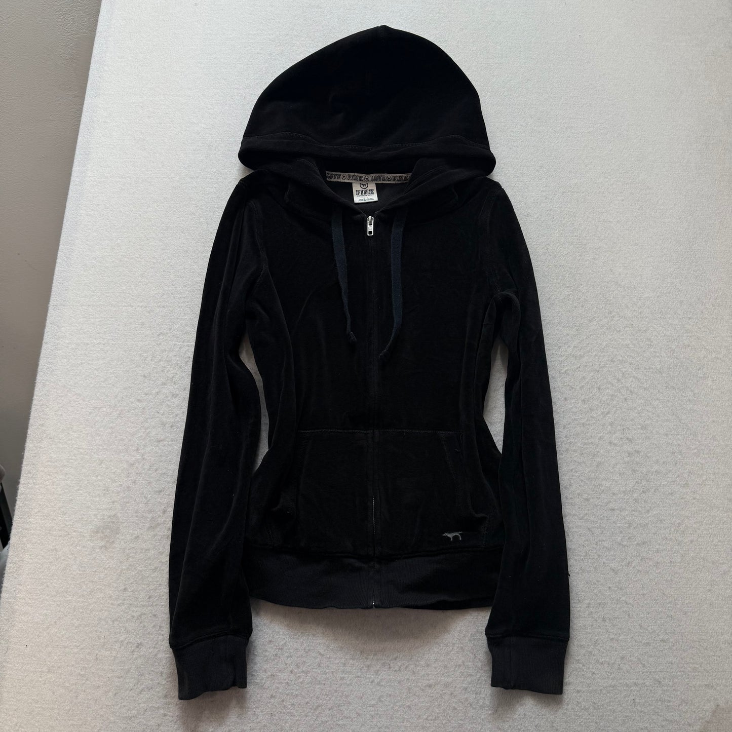 PINK Victoria's Secret Women's Black Velour Full Zip Hoodie Graphic Logo Size S