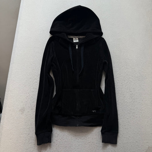 PINK Victoria's Secret Women's Black Velour Full Zip Hoodie Graphic Logo Size S