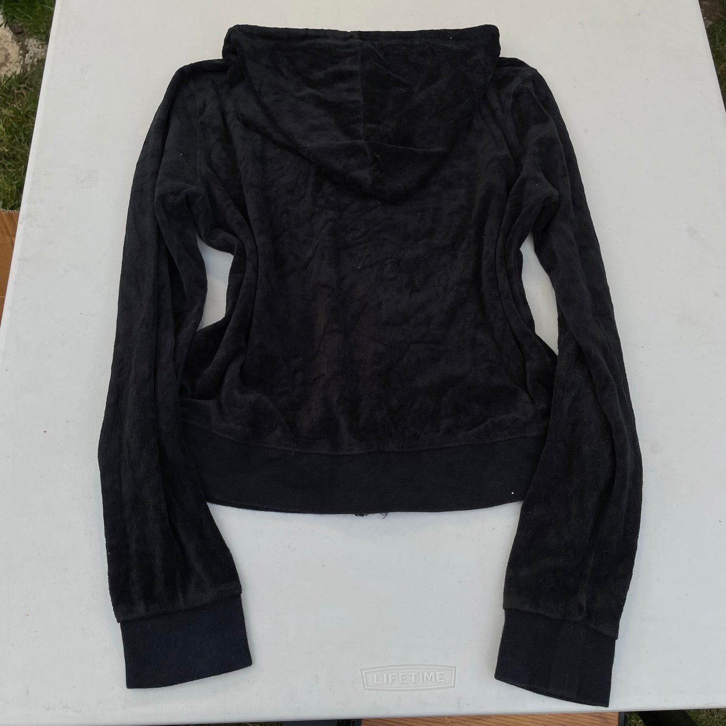 Juicy Couture Women's Black Velour Full Zip Hoodie Drawstring Pockets Y2k Size M