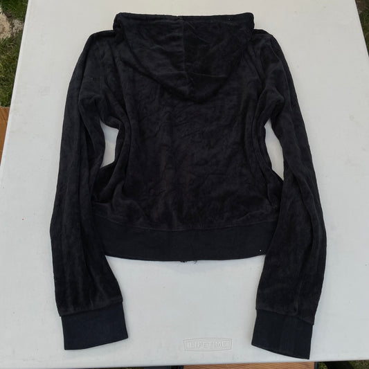 Juicy Couture Women's Black Velour Full Zip Hoodie Drawstring Pockets Y2k Size M
