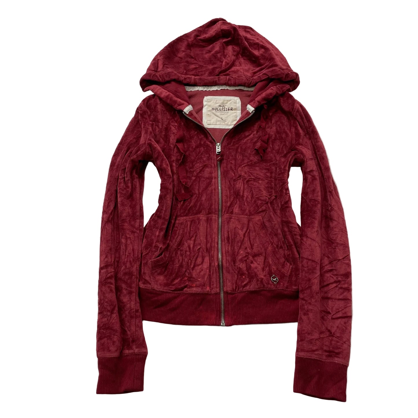 Hollister California Women's Maroon Velour Zip-Up Hoodie Long Sleeve Y2k Size L