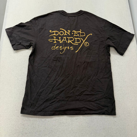 Ed Hardy Men's Dark Brown Cotton T-Shirt Short Sleeve Twin Skulls Graphic Size M