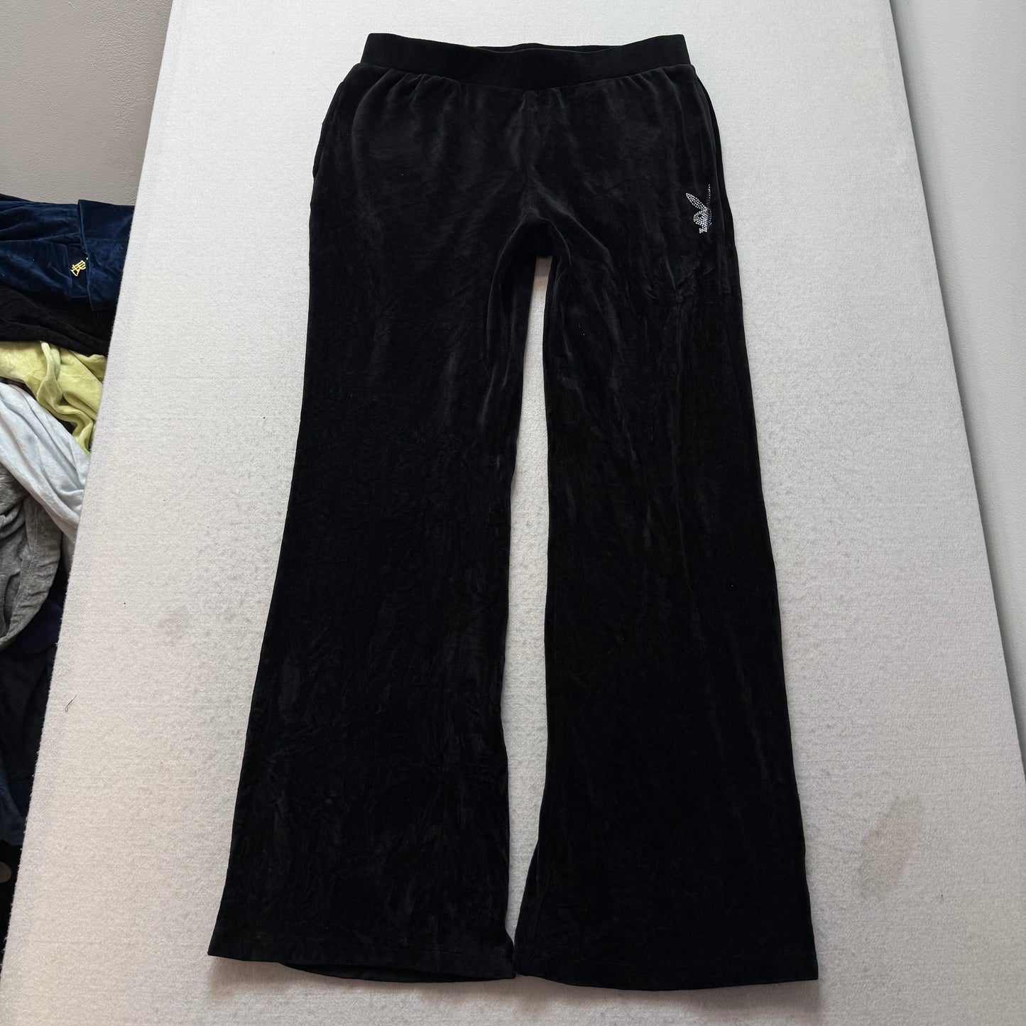 Playboy Women's Solid Black Velour Flared Track Pant Rhinestone Logo Y2K Size XL