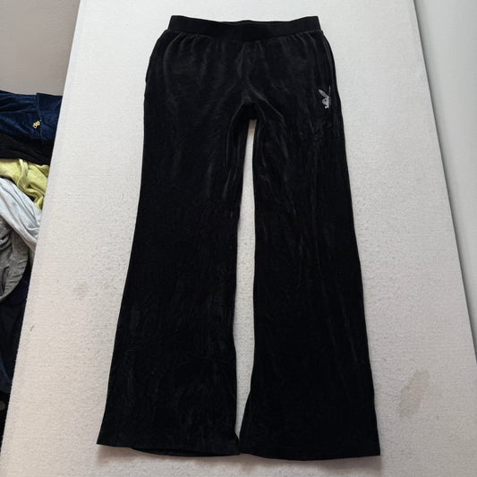 Playboy Women's Solid Black Velour Flared Track Pant Rhinestone Logo Y2K Size XL