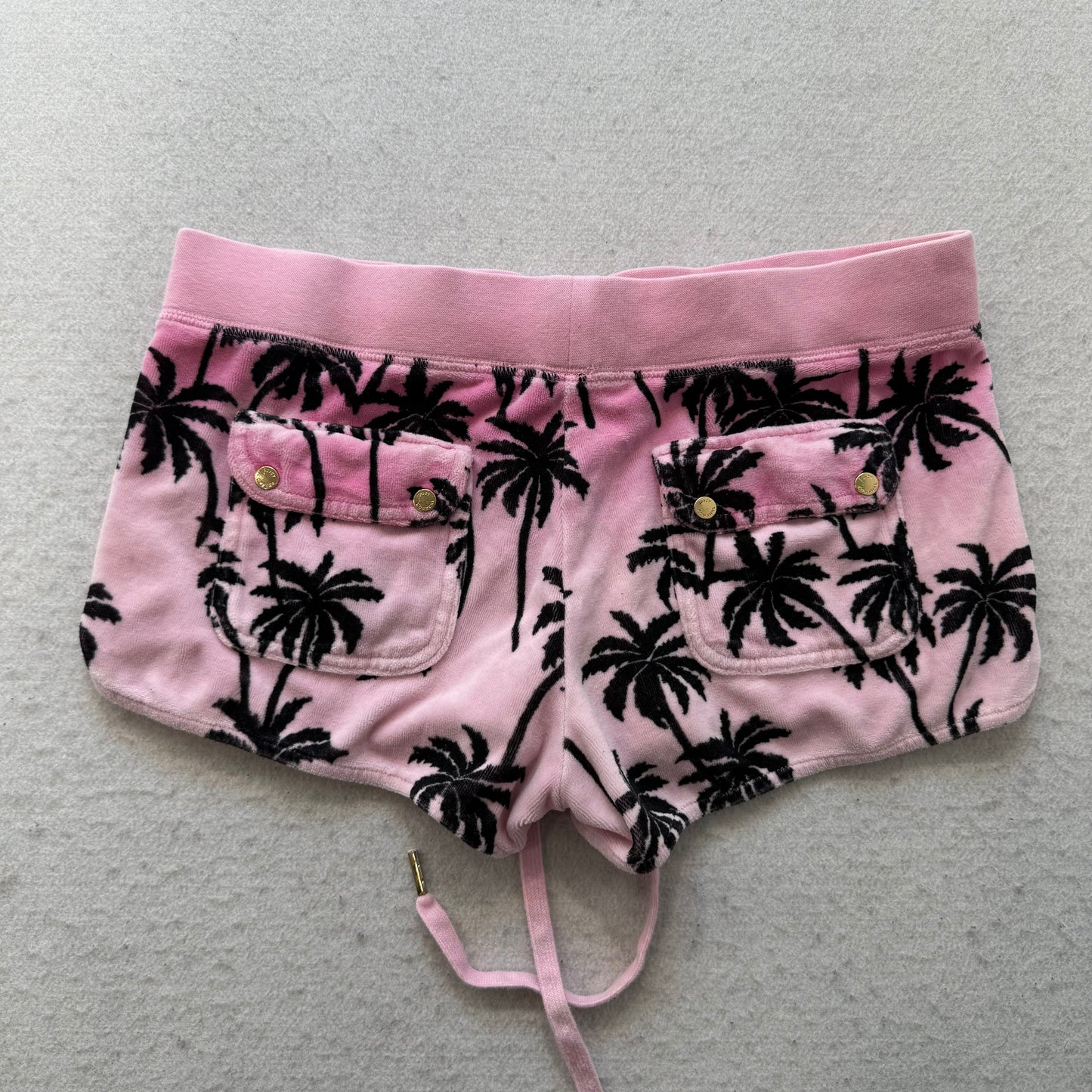 Juicy Couture Womens Pink Black Velour Mini Shorts Palm Tree Print Pocket Size S