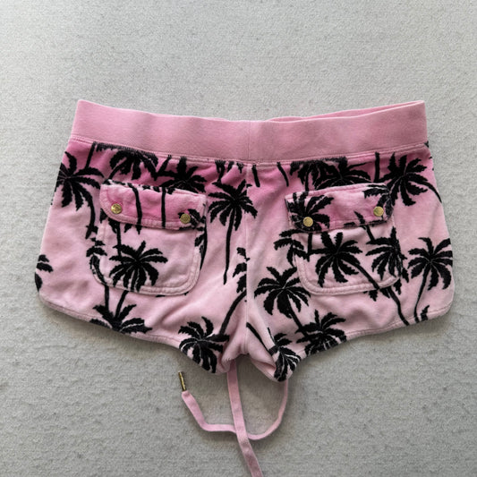 Juicy Couture Womens Pink Black Velour Mini Shorts Palm Tree Print Pocket Size S