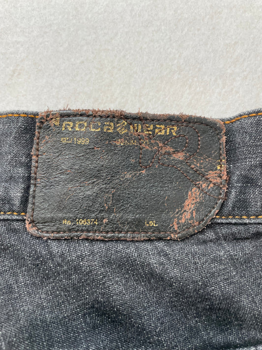 Rocawear Black Denim Jeans Straight Leg Embroidered Logo Back Pocket Size 48