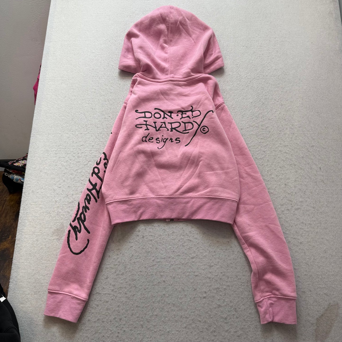 Ed Hardy Skull Eagle Women's Pink Zip-Up Cropped Hoodie Tattoo Graphic Size S