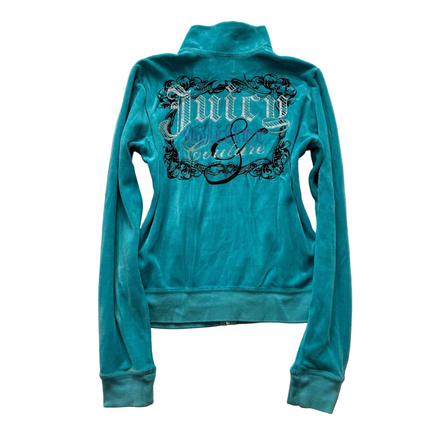 Vintage Juicy Glitter Couture Women's Aqua Blue Velour Track Jacket Logo Size L