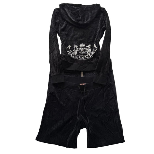 Juicy Couture Women's Jet Black Velour Tracksuit Set Hoodie & Flared Pant Size M