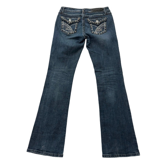 LA Idol Women's Dark Blue Denim Bootcut Jeans Rhinestone Back Flap Pocket Size 7