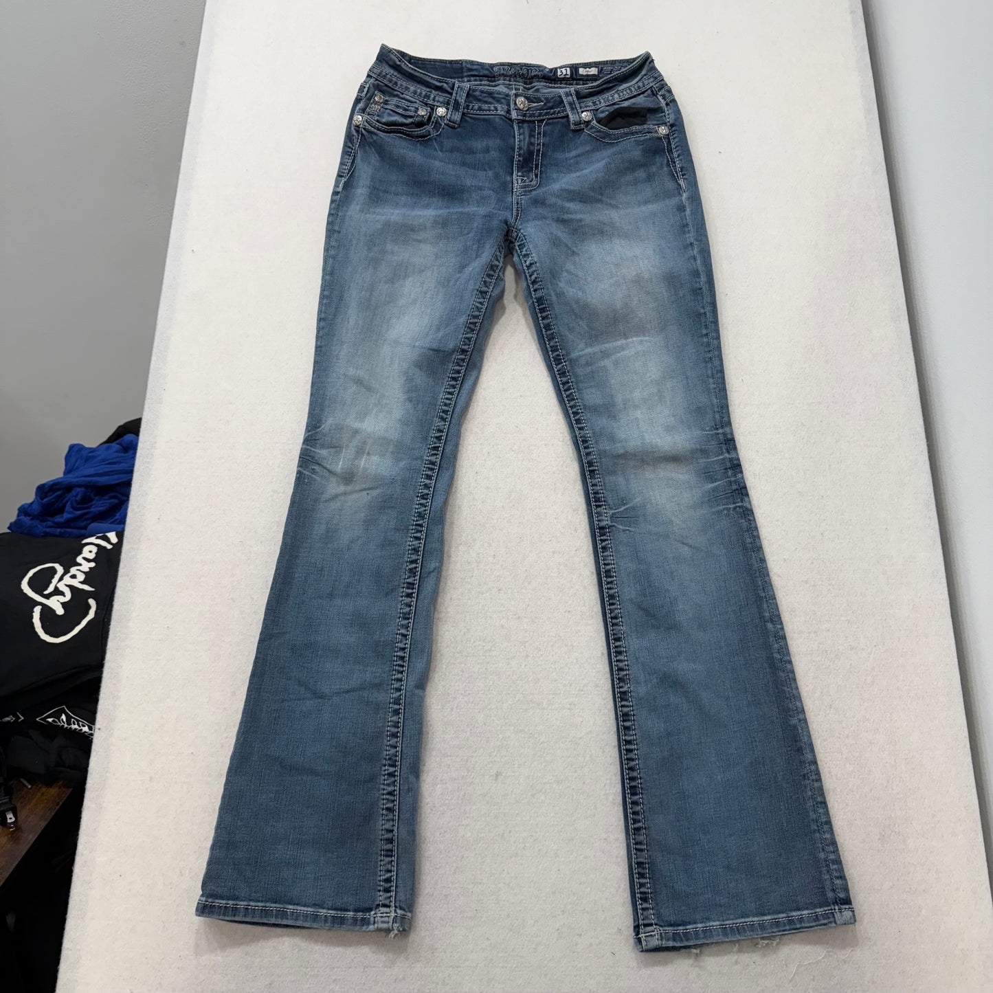 RARE Miss Me Blue Denim Flared Ornate Embellished Bootcut Jeans Low Rise Size 31