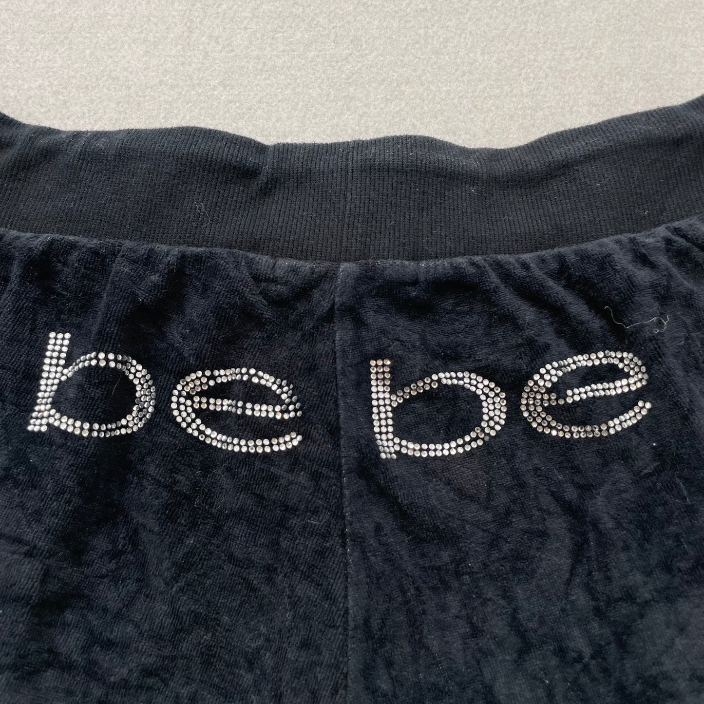 Bebe Women's Navy Velour Flared Track Pants Loungewear Rhinestone Logo Size S