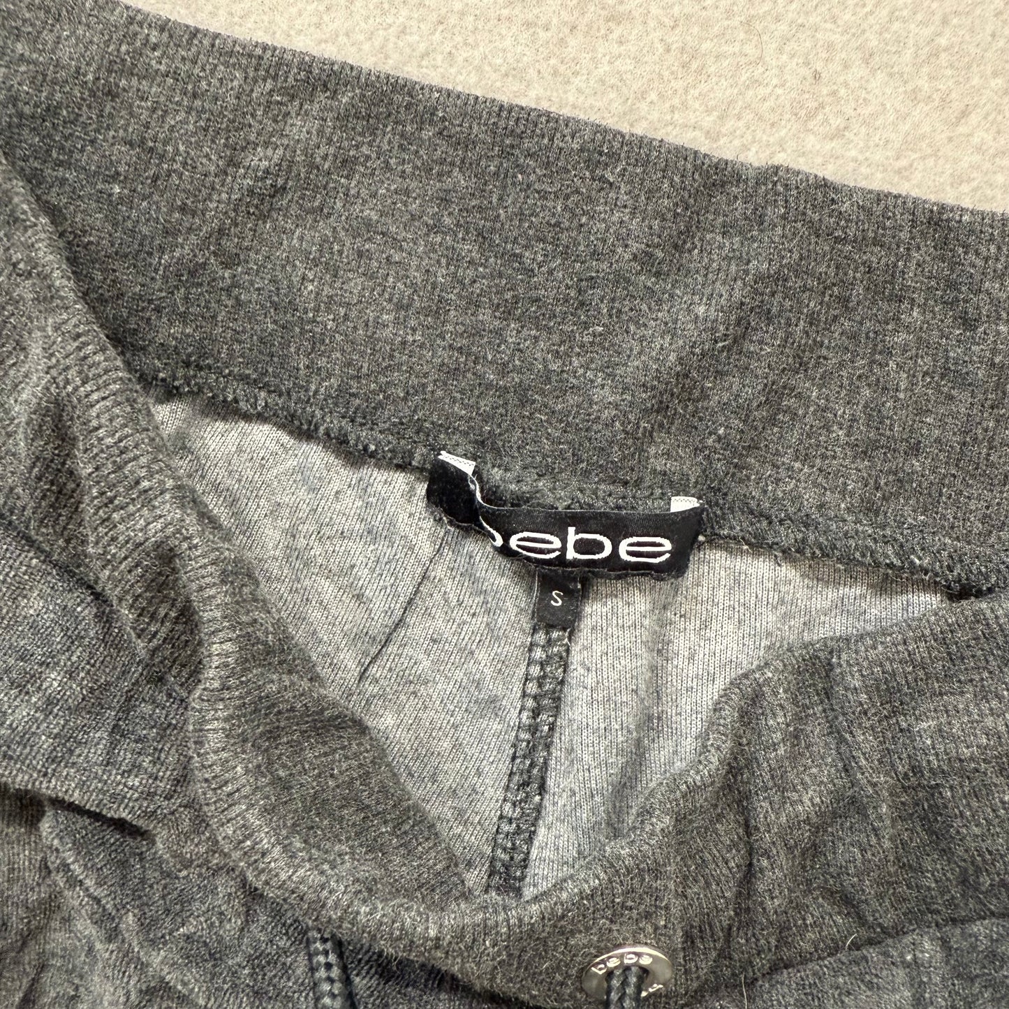 Bebe Women's Charcoal Gray Velour Flared Track Pant Rhinestones Logo Y2K Size S