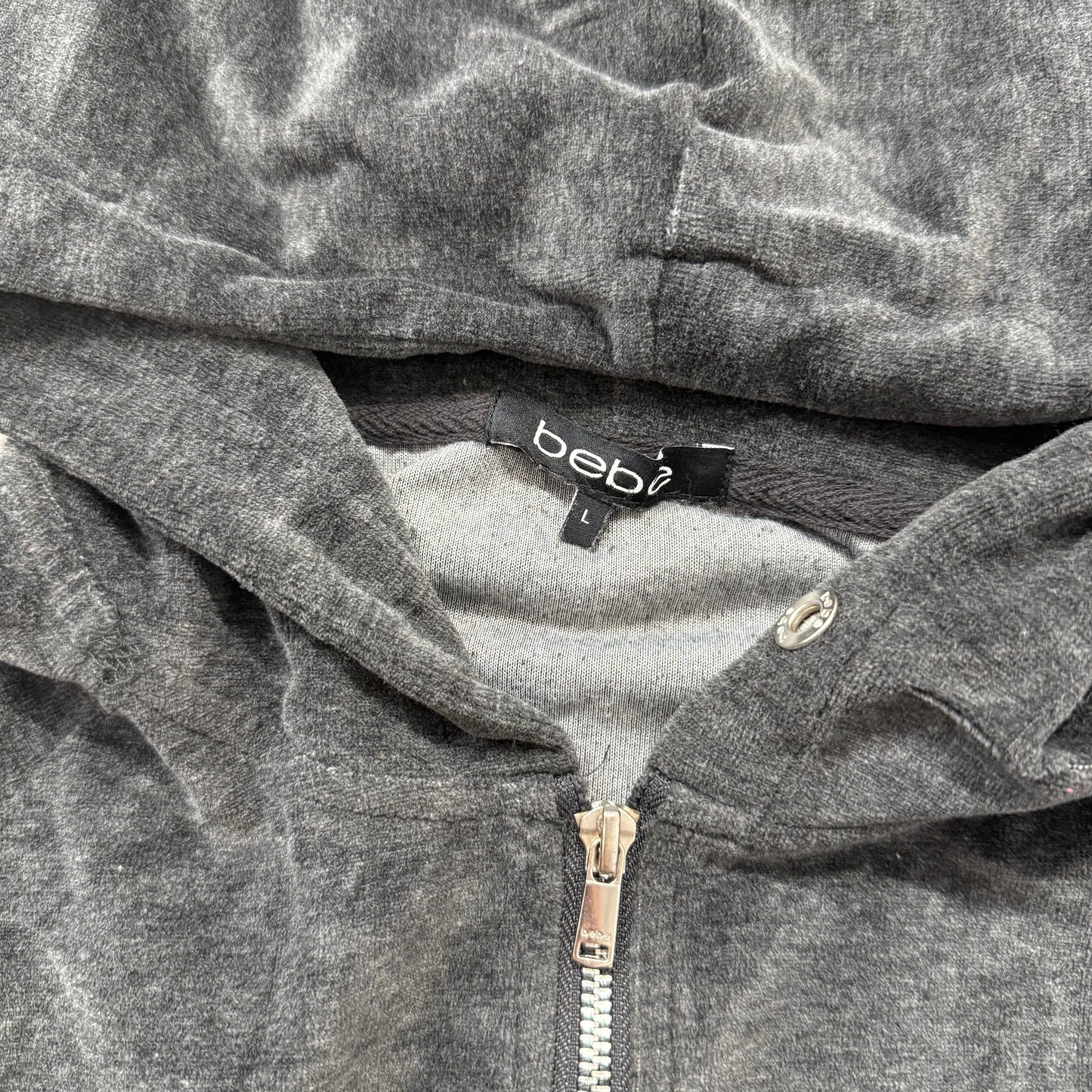 Bebe Sport Women's Gray Velour Zip-Up Hoodie Pockets Rhinestone Logo Y2k Size L