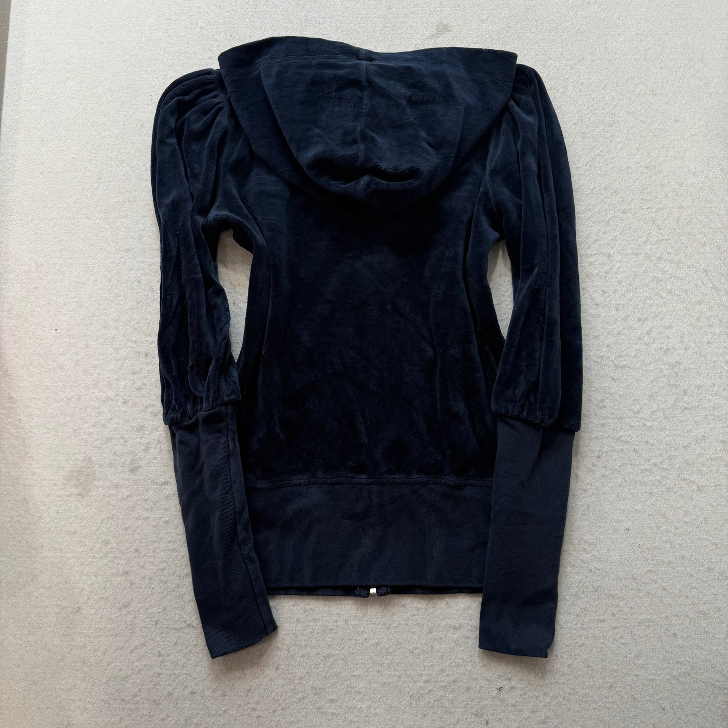 Vintage Juicy Couture Women Navy Velour Tracksuit Set Hoodie & Flare Pant Size S
