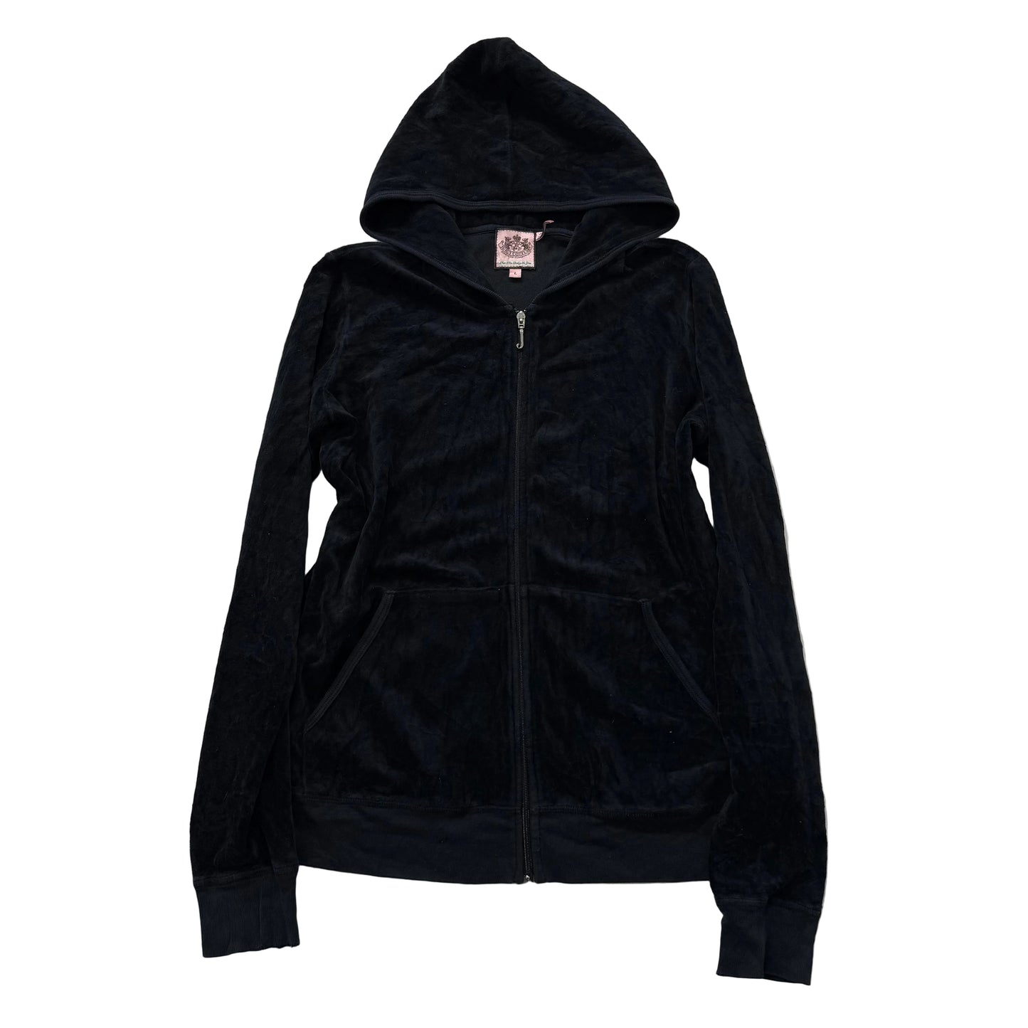 Vintage Juicy Couture Women's Black Velour Zip Up Hoodie Long Sleeves Y2K Size L