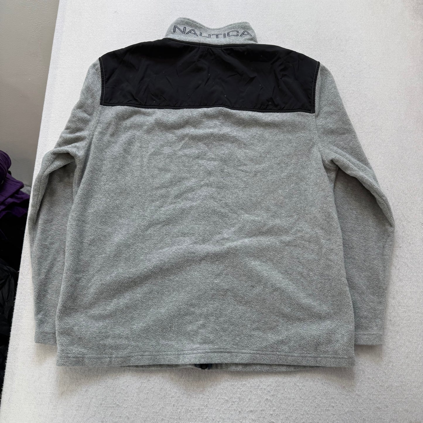 Nautica Men's Gray Fleece Full Zip Jacket Black Contrast Panel Mock Neck Size XL