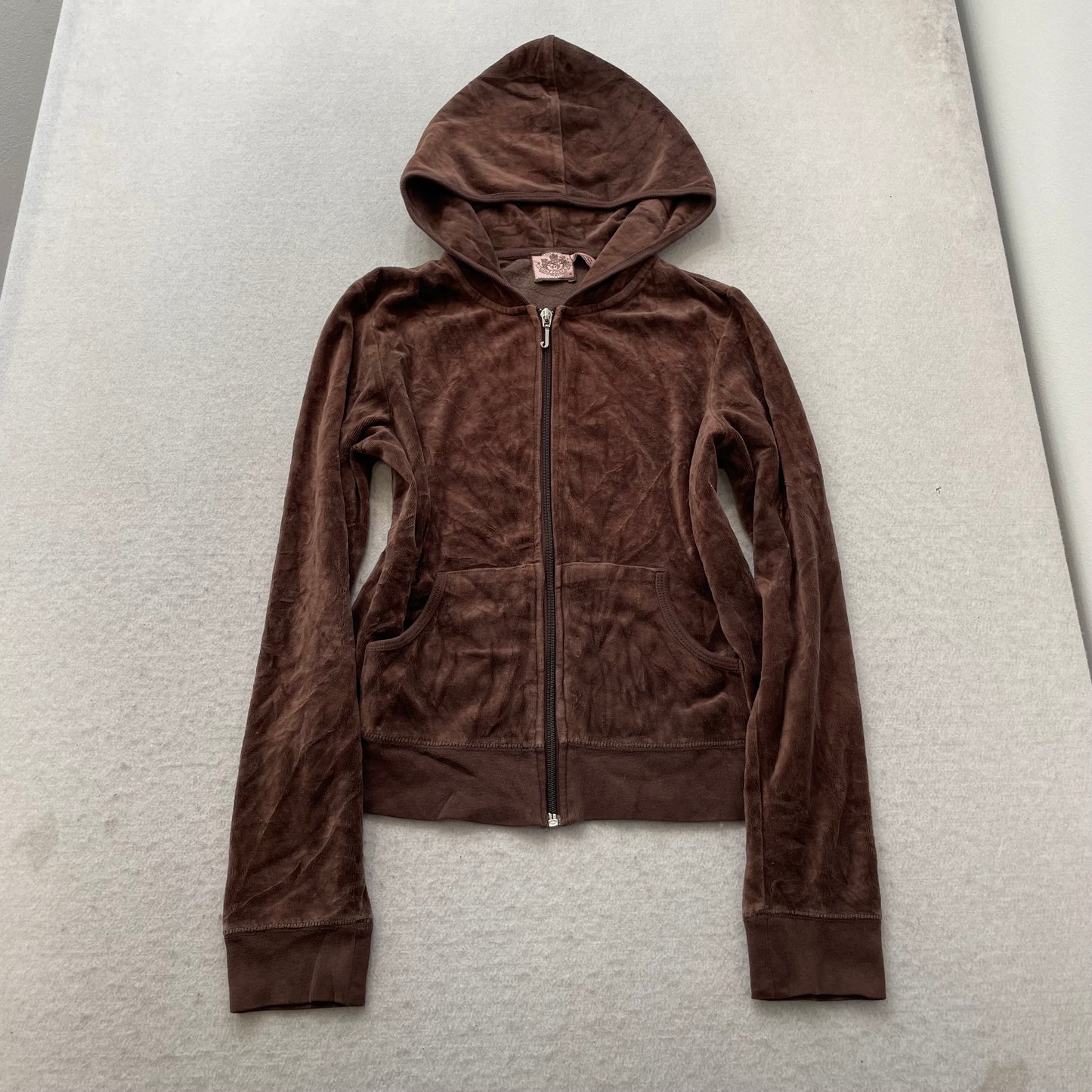 Juicy Couture Scottie Dogs Womens Dark Brown Velour Zip-Up Hoodie Pockets Size M