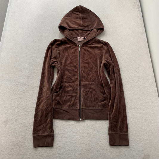 Juicy Couture Scottie Dogs Womens Dark Brown Velour Zip-Up Hoodie Pockets Size M