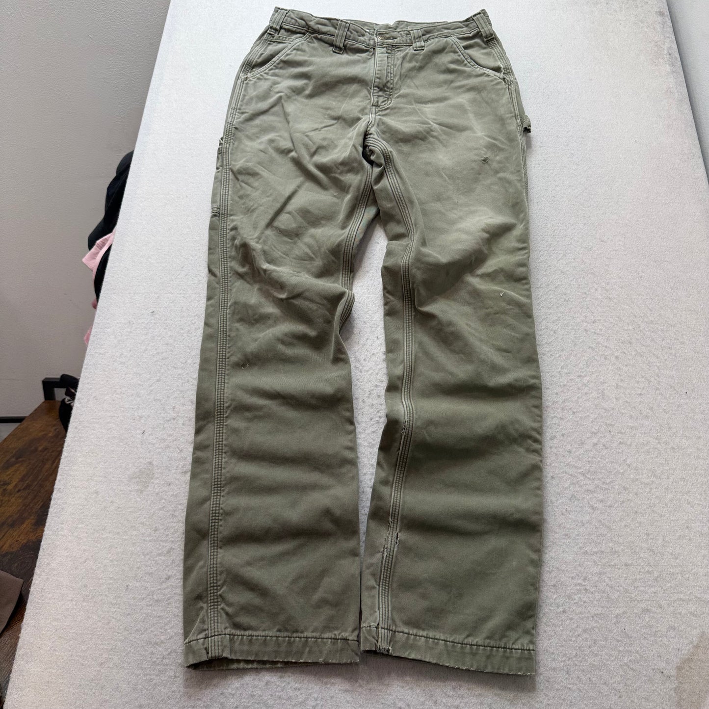 Carhartt Relaxed Fit Men Olive Green Flannel-Lined Double Knee Work Pant - 32x34
