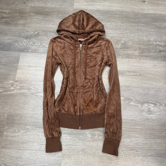 Vintage Juicy Couture Womens Brown Velour Zip-Up Hoodie Butterfly Graphic Size S
