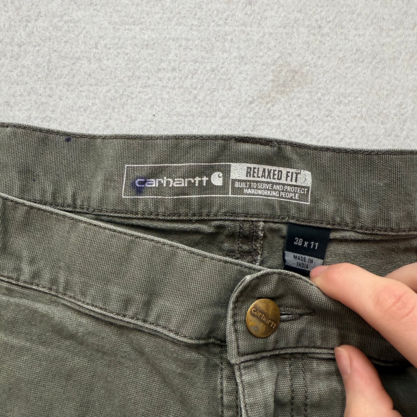 Carhartt Men Olive Green Canvas Relaxed Fit Carpenter Shorts Workwear Size 38x11