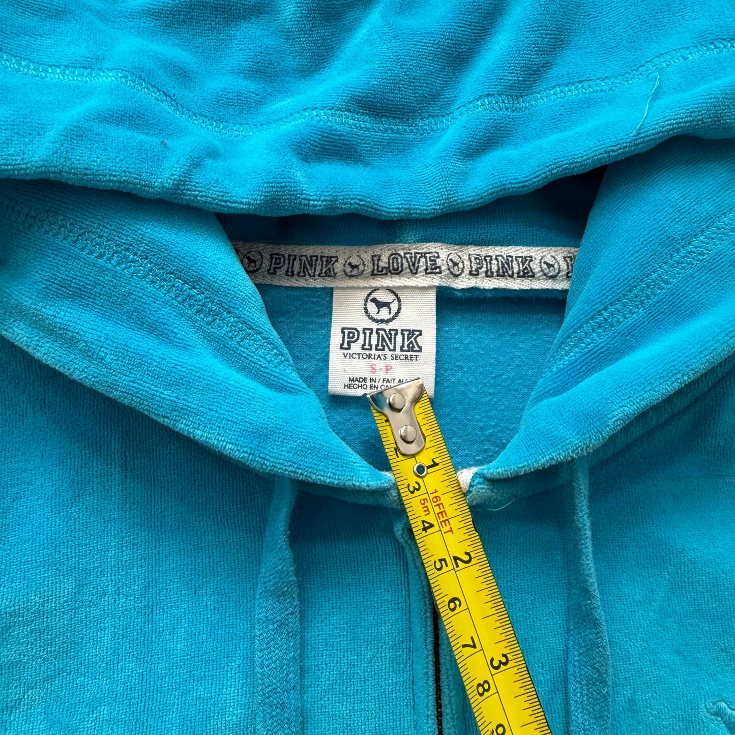 PINK Victoria's Secret Women Bright Cyan Velour Zip Up Hoodie Preppy Logo Size S