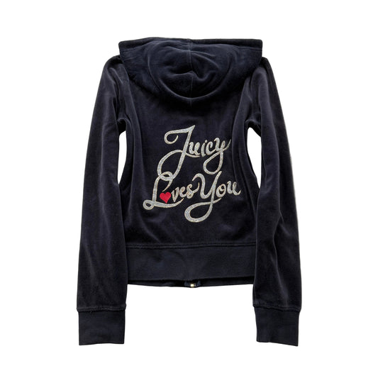 Juicy Couture Loves You Black Label Women Dark Navy Velour Zip-Up Hoodie Size XS