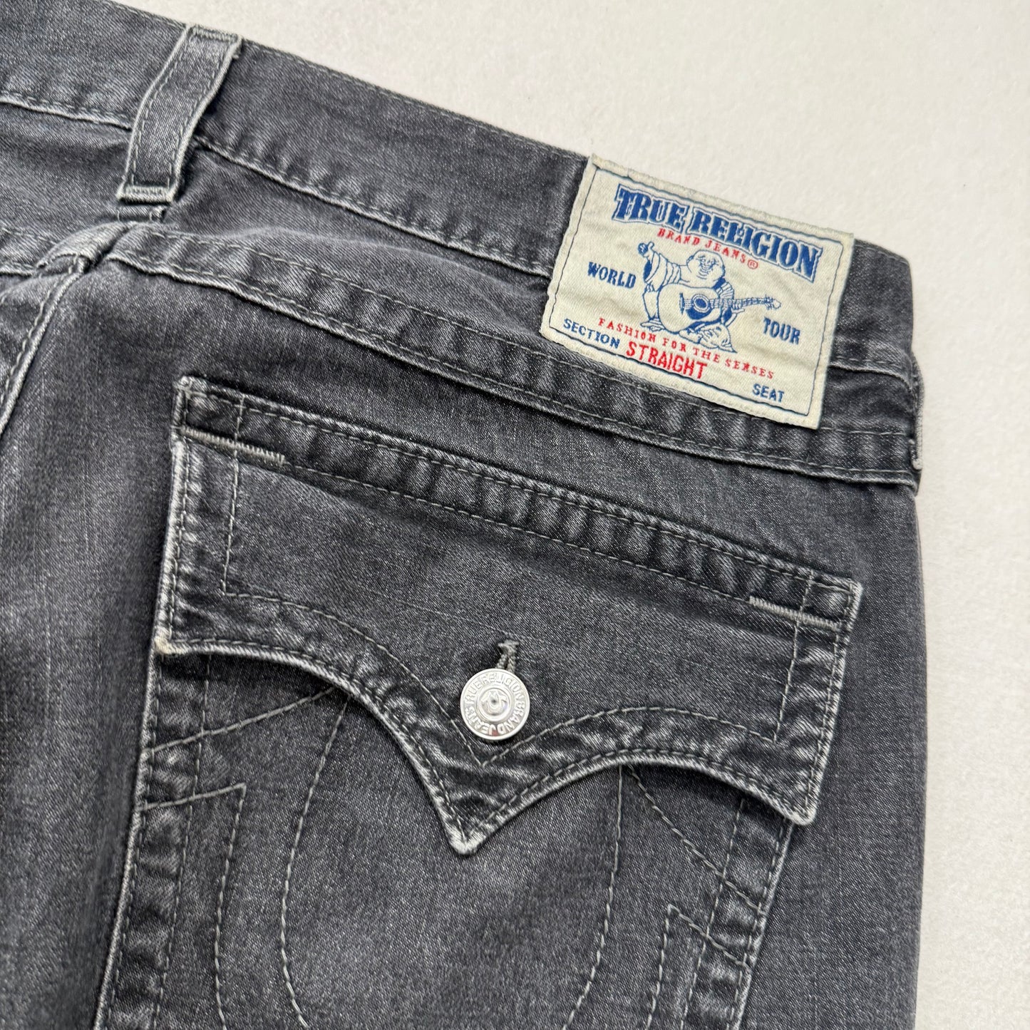 True Religion Gray Denim Straight Jeans Signature Horseshoe Snap Pocket Waist 38