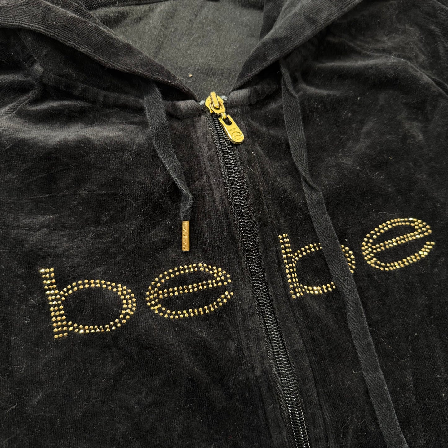 Bebe rhinestone black velour zip hoodie jacket size L