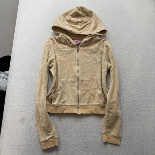 Juicy Couture Women's Beige Velour Tracksuit Set Hoodie & Flared Pant Size L/M