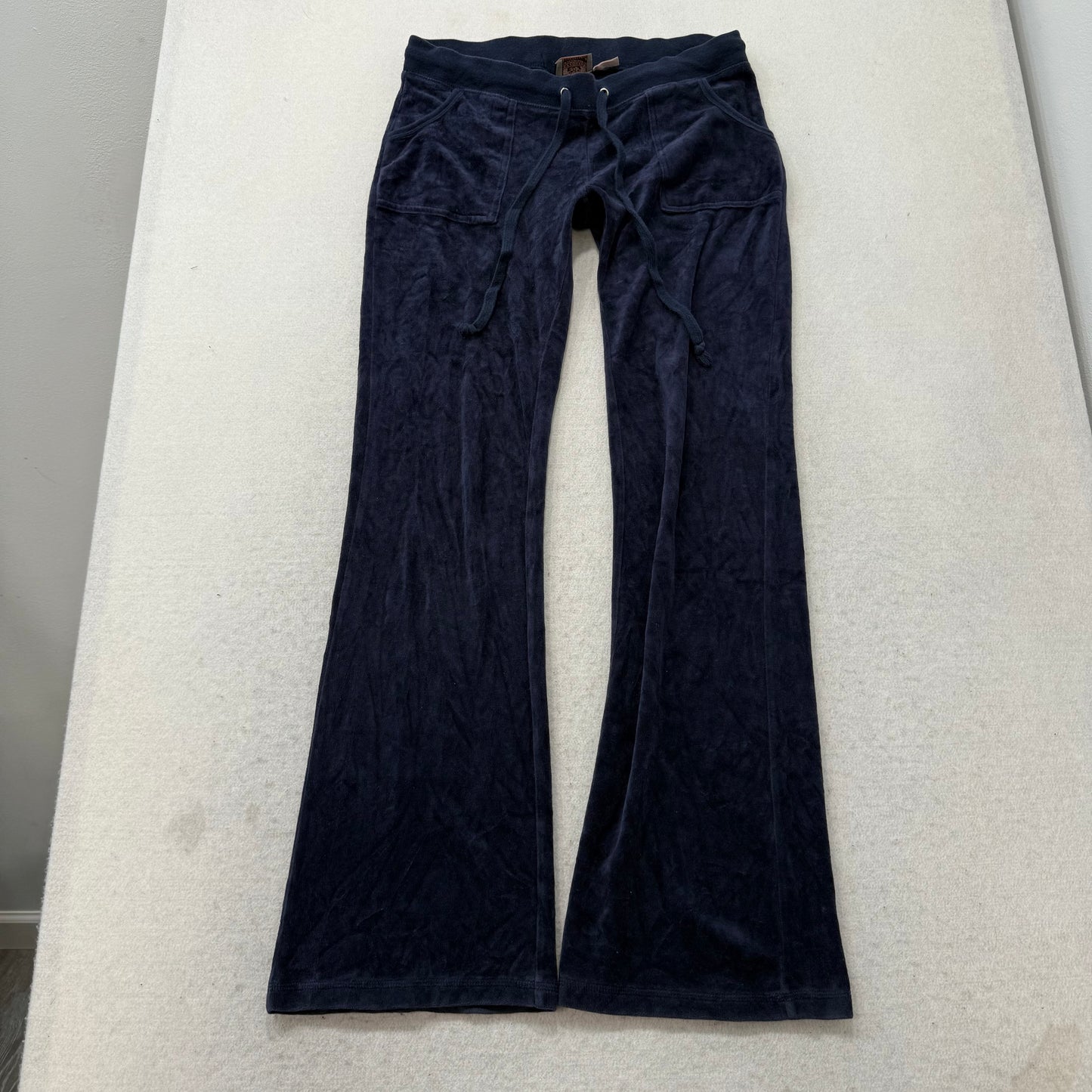 Vintage Juicy Couture Women's Navy Velour Flared Track Pant Flap Pockets Size S