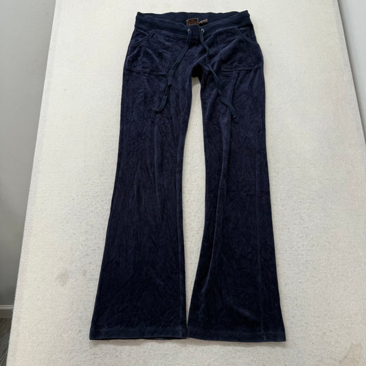 Vintage Juicy Couture Women's Navy Velour Flared Track Pant Flap Pockets Size S