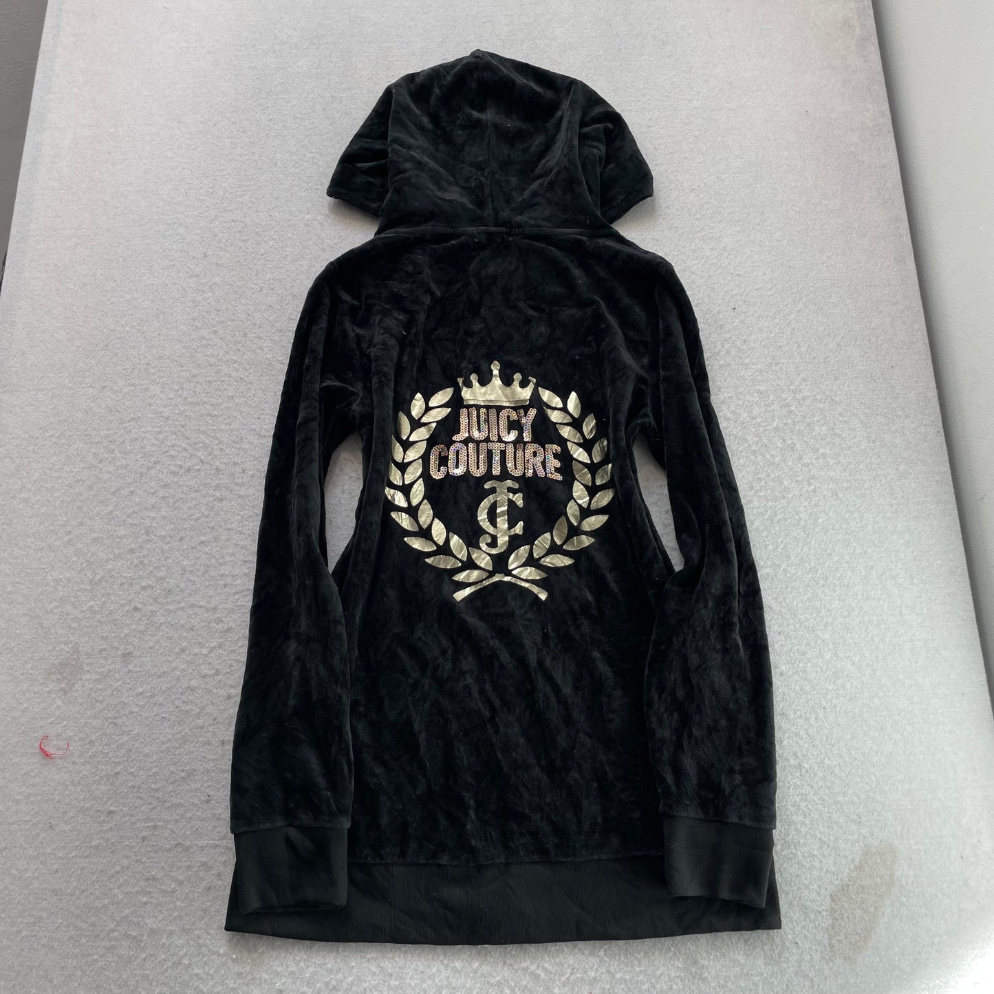 Juicy Couture Women's Black Velour Zip-Up Long Hoodie Crest Sequin Logo Size M