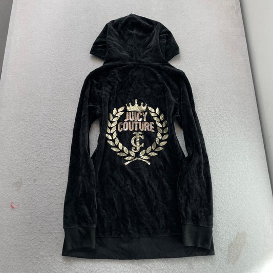 Juicy Couture Women's Black Velour Zip-Up Long Hoodie Crest Sequin Logo Size M