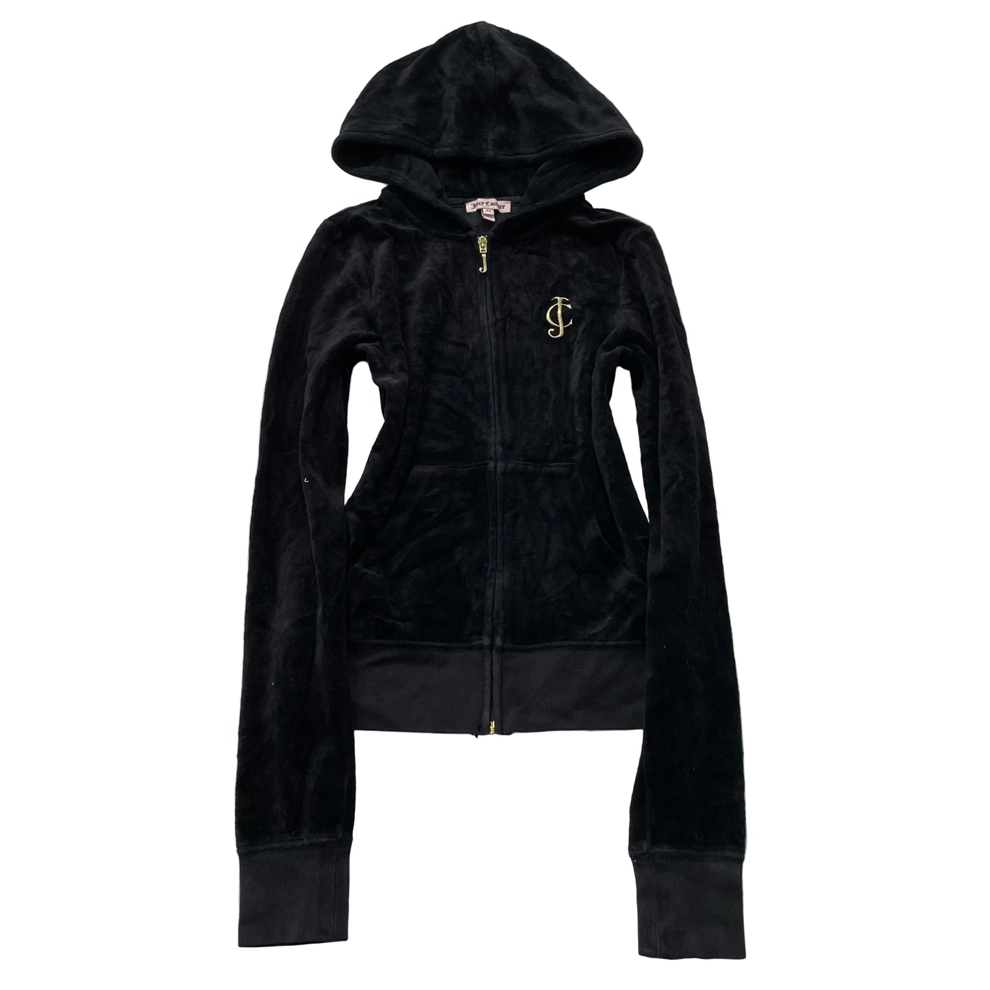 Juicy Couture Womens Black Velour Zip-Up Hoodie Pockets Embroidered Logo Size XS
