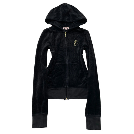 Juicy Couture Womens Black Velour Zip-Up Hoodie Pockets Embroidered Logo Size XS