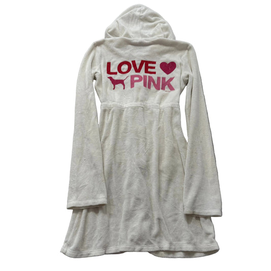 Vintage Victoria's Secret PINK Women Cream Terry Cloth Zip-Up Long Hoodie Size S