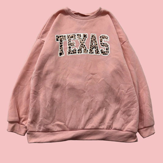 Shein Texas Women's Pink Fleece Sweatshirt Leopard Print Graphic Crewneck Size M