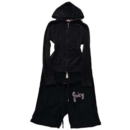 Juicy Couture Black Velour Tracksuit Set Zip Up Hoodie & Flare Pant Logo Size XL