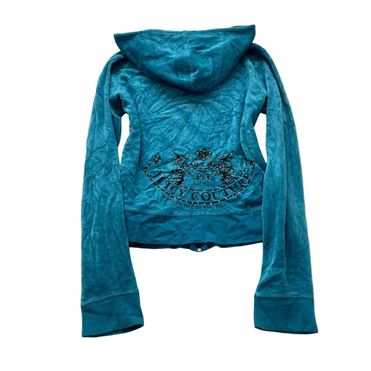 Vintage Juicy Couture Women's Turquoise Velour Zip-Up Hoodie Rhinestones Size L