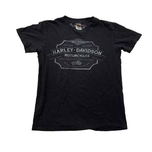 Harley-Davidson Men Black Cotton T-Shirt Crew Neck Distressed Graphic Tee Size M