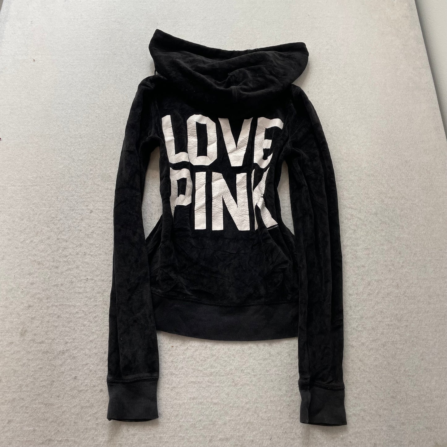 PINK Victoria's Secret Women's Black Velour Full Zip Hoodie Preppy Logo Size XS