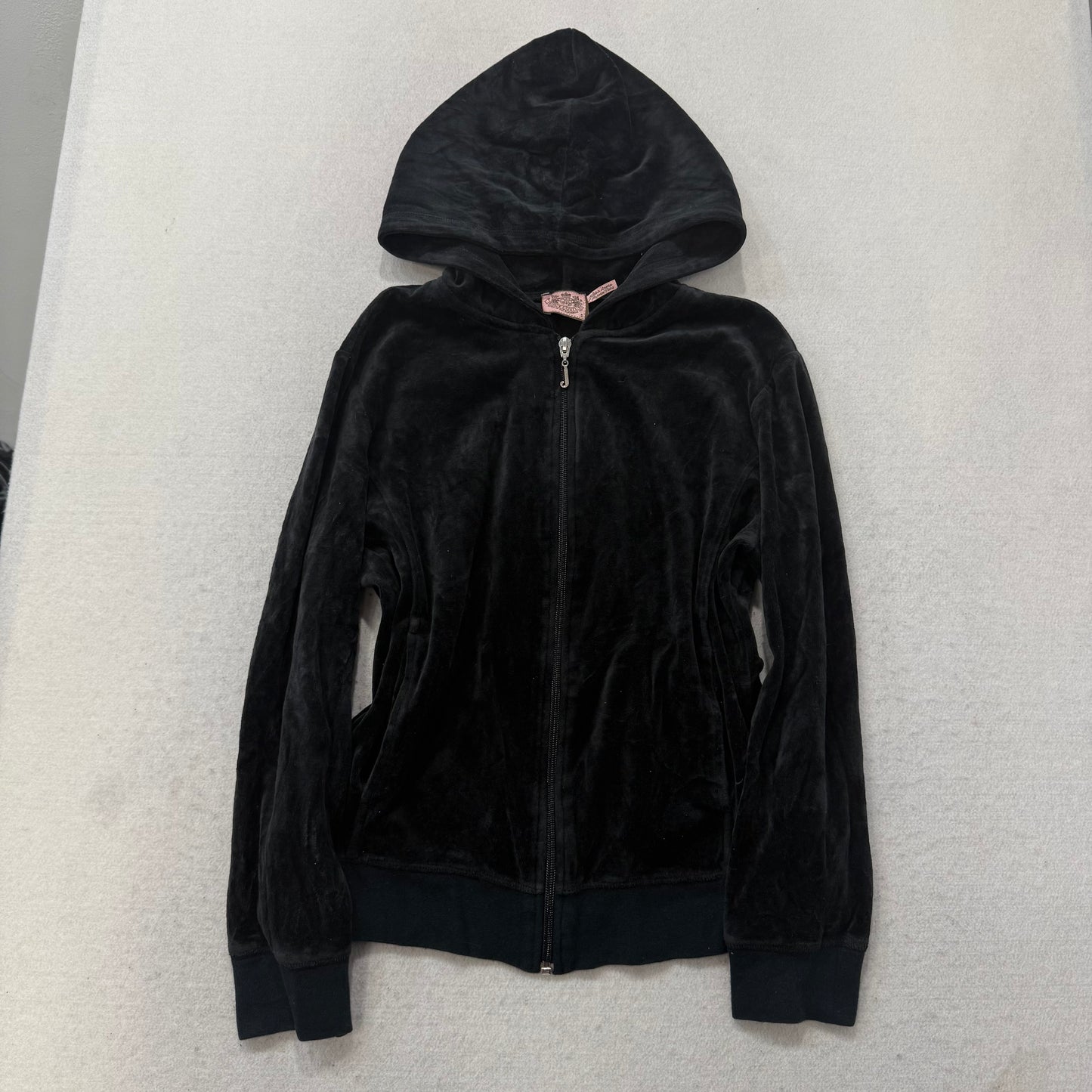 Juicy Couture Women Black Velour Tracksuit Set Zip Up Hoodie & Flare Pant Size S