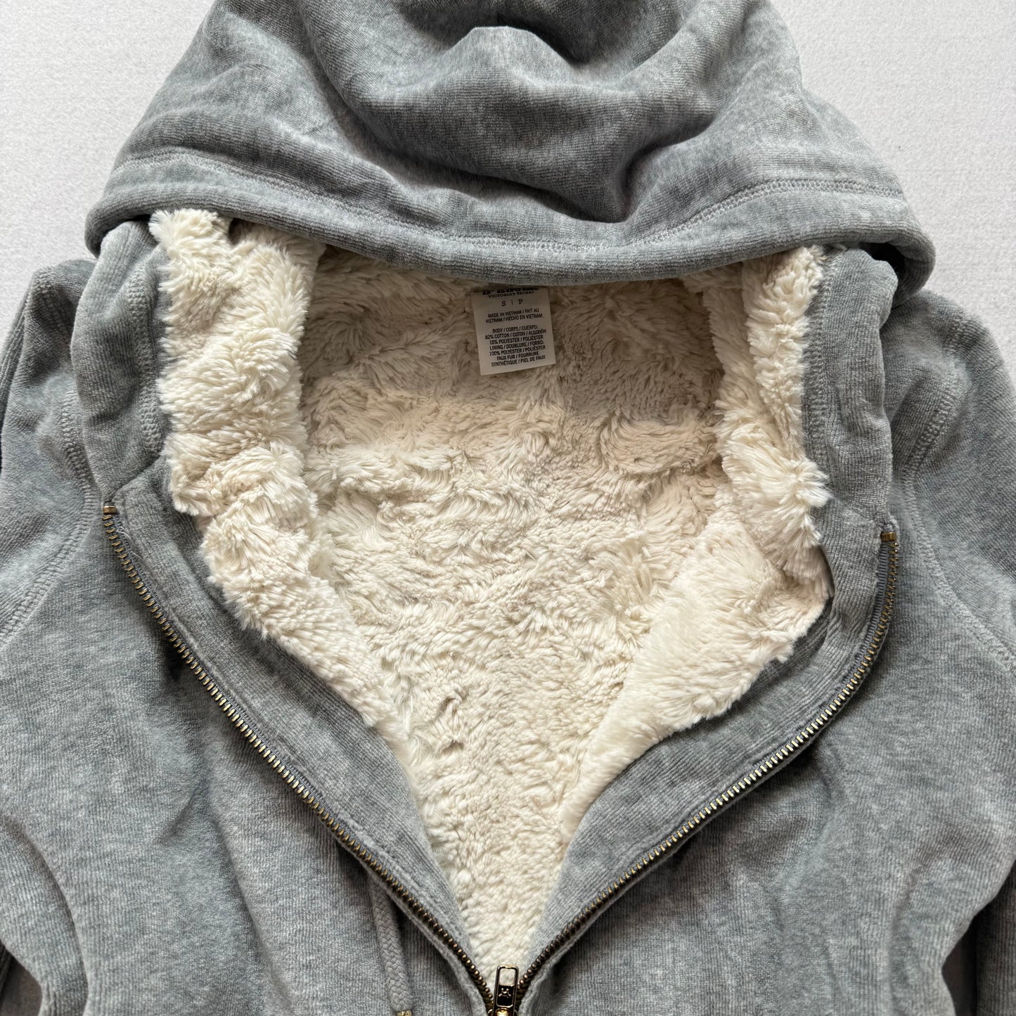PINK Victoria's Secret Women's Gray Velour Hoodie Fur Lined Sequins Logo Size S