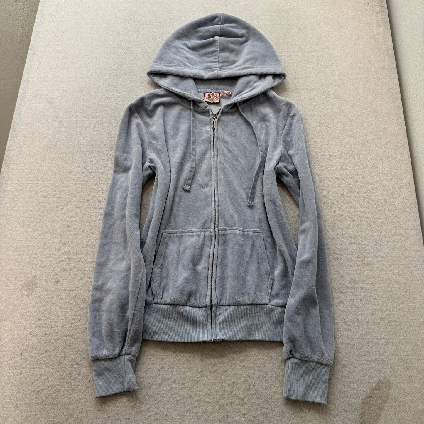 Juicy Couture Women Light Blue Velour Zip-Up Hoodie Pocket Butterfly Graphic - M